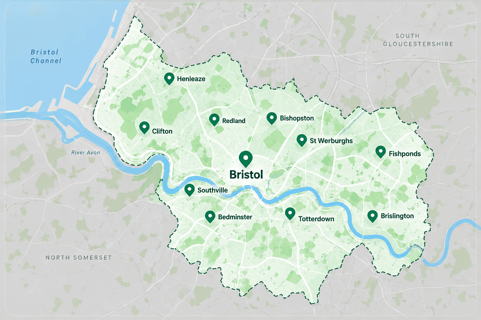 Illustrated map of Garage Gaffer's Bristol coverage area, marking Clifton, Redland, Bishopston, St Werburghs, Fishponds, Henleaze, Southville, Bedminster, Totterdown and Brislington